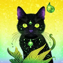 The witch's black cat has a mermaid tail and eyes in a gradient of green and yellow.