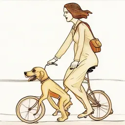 Woman walking a dog riding a bicycle