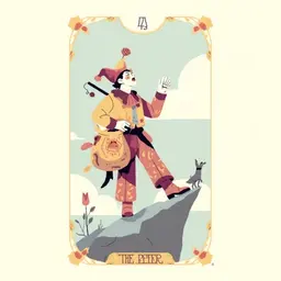 Create the tarot card “The Jester.” The card depicts a man in unusual and colorful clothes, holding a rose in his hand. On his shoulder he has a stick with which hangs a bag embroidered with witch symbols. He looks up into the sky and steps towards an invisible precipice, from which a little dog unsuccessfully tries to keep him away.