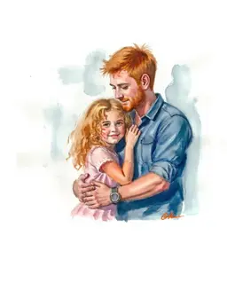 Dad and daughter hugging. Daughter with blonde curly hair and dad has ginger hair. 