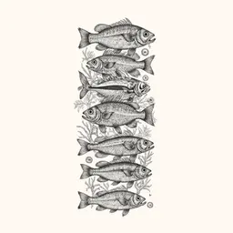 several sea food and fishes in lateral view separated