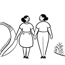Two women laughing and walking together along a pathway