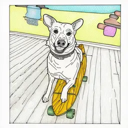 Dog on a skateboard with a banner that says Doggo Skate Club behind it