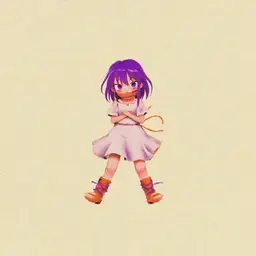 A girl animewith purple hair and purple eyes in a white dress with boots tied up and gagged hog tied