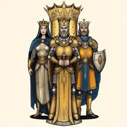 Three people, each symbolizing a certain branch of power: a sage in a robe, symbolizing knowledge, a paladin with a shield, symbolizing security, and the chief ruler with a golden crown, who stands in the foreground