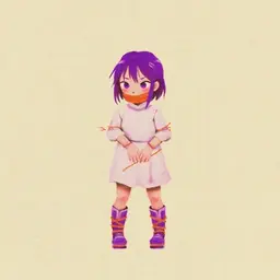 A girl animewith purple hair and purple eyes in a white dress with boots tied up and gagged hog tied