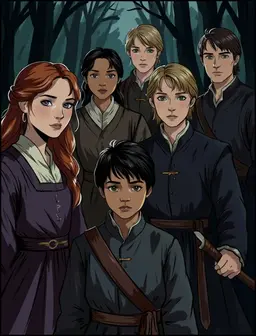 A group of six people all dressed in medieval attire. 5 adults: one 18 yo girl with long wavy copper hair and purple eyes. An 18 yo asian girl. An 18 yo blond boy with grey eyes. An 18 yo boy with brown hair and grey eyes. And an 18 year old blond boy with brown eyes. Apart from the five adults there is one child, a seven year old boy with black hair and brown eyes.
