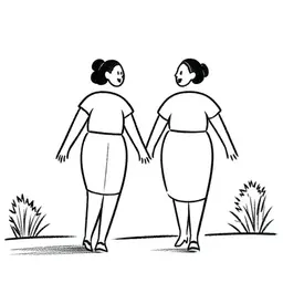 Two women laughing and walking together along a pathway