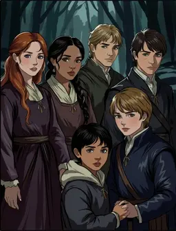 A group of six people all dressed in medieval attire. 5 adults: one 18 yo girl with long wavy copper hair and purple eyes. An 18 yo asian girl. An 18 yo blond boy with grey eyes. An 18 yo boy with brown hair and grey eyes. And an 18 year old blond boy with brown eyes. Apart from the five adults there is one child, a seven year old boy with black hair and brown eyes.