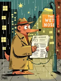 A tough dog detective in a long trench coat and a fedora, standing under a streetlamp in a rainy city. He holds a case file with key evidence in his paw. Behind him, the neon sign of 'The Wet Nose' bar flickers, while his eyes reflect a thousand unsolved cases and a hint of melancholy.