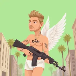 A Roman baby angel in the street and a ak47 in his hands and he 
shirtless with a "St Knight" tatto in his chest and other face tattoos, the sky is green and palm trees in the background 