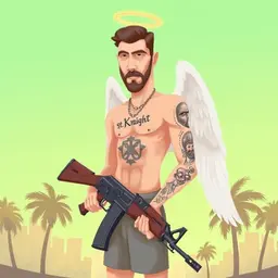 A Roman baby angel in the street and a ak47 in his hands and he 
shirtless with a "St Knight" tatto in his chest and other face tattoos, the sky is green and palm trees in the background 