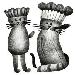 two cat kiss and one with chef hat