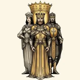 Three people, each symbolizing a certain branch of power: a sage in a robe, symbolizing knowledge, a paladin with a shield, symbolizing security, and the chief ruler with a golden crown, who stands in the foreground