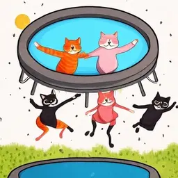 5 crying cats jumping on a trampolin