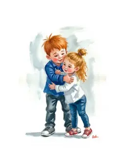 Dad and daughter hugging. Daughter with blonde curly hair and dad has ginger hair. 