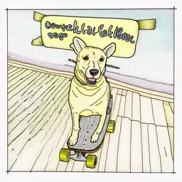 Dog on a skateboard with a banner that says Doggo Skate Club behind it