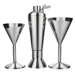 Cocktail shaker and martini glass, stainless steel shaker, three-piece design, V-shaped martini glass, olives on cocktail pick, clear liquid in glass in a sketch