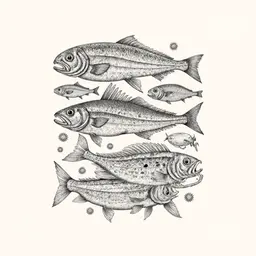 several sea food and fishes in lateral view separated