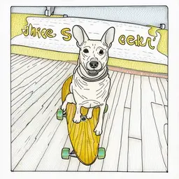 Dog on a skateboard with a banner that says Doggo Skate Club behind it