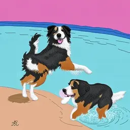 two australian shepherd dogs playing in the splash pool