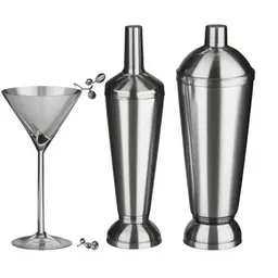 Cocktail shaker and martini glass, stainless steel shaker, three-piece design, V-shaped martini glass, olives on cocktail pick, clear liquid in glass in a sketch