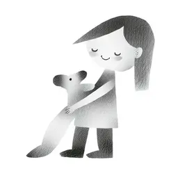 a child holding her dog