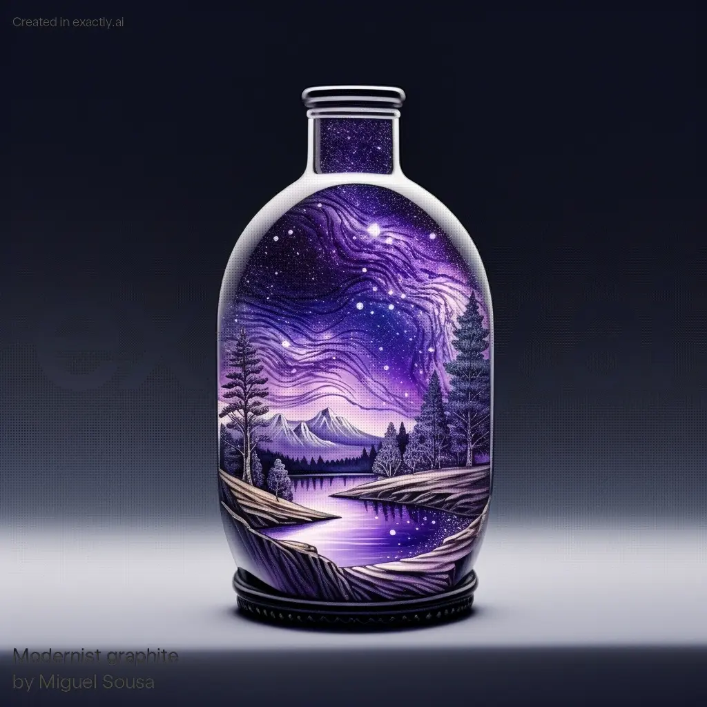Bottle with night sky design created with Modernist graphite by Miguel Sousa