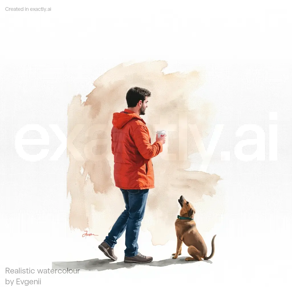 Man with coffee and backpack created with Realistic watercolour by Evgenii