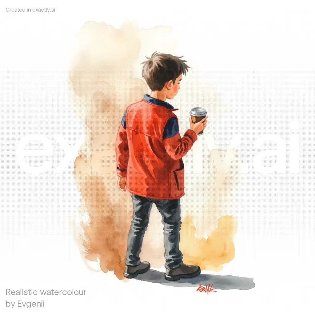 Man with coffee and backpack created with Realistic watercolour by Evgenii