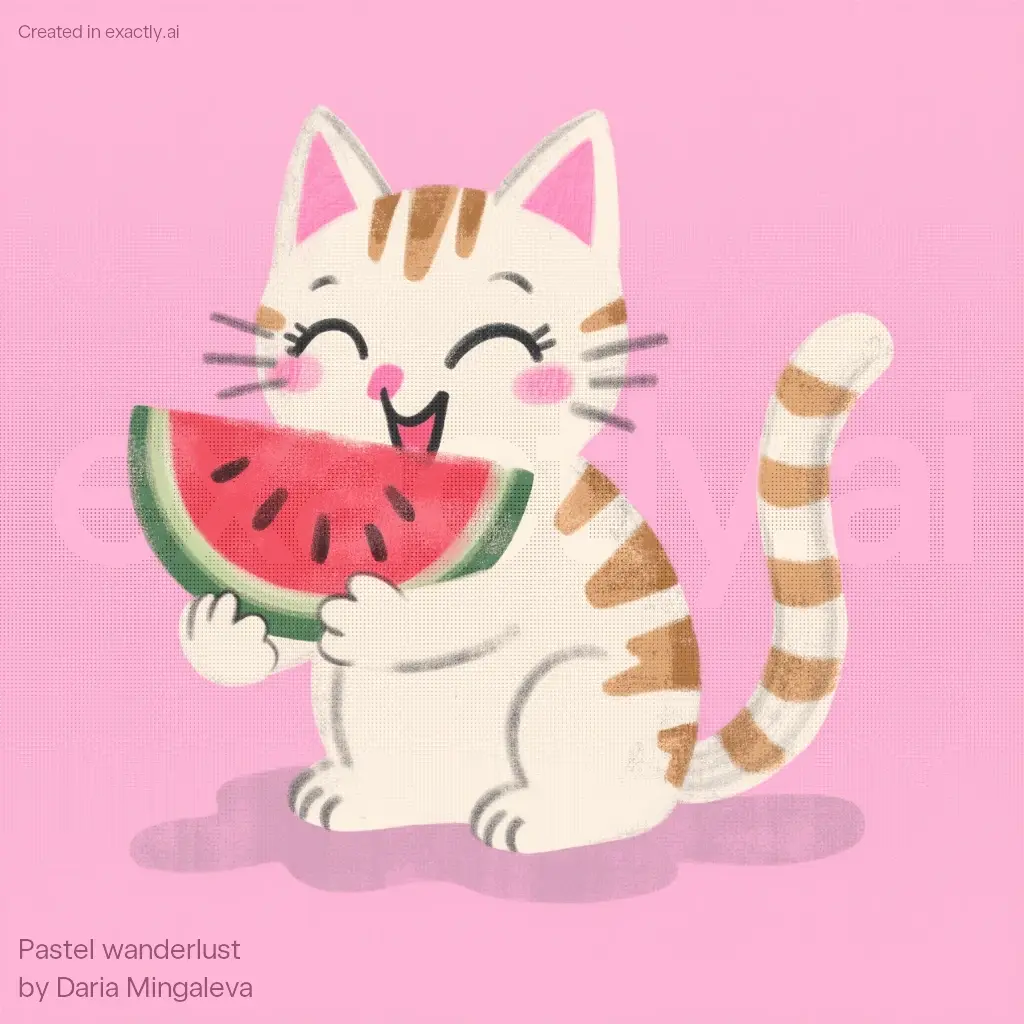 Cat eating watermelon created with Pastel wanderlust by Daria Mingaleva
