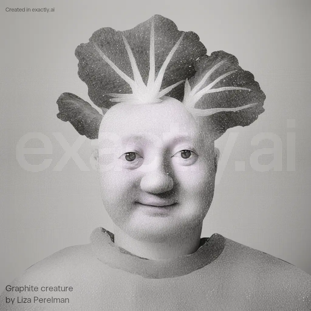 Man with lettuce on his head created with Graphite creature by Liza Perelman