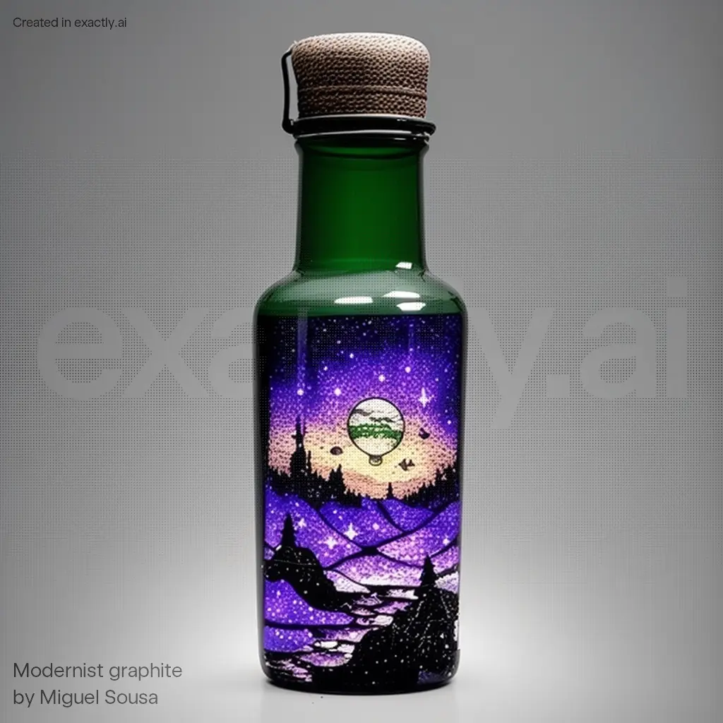 Bottle with night sky design created with Modernist graphite by Miguel Sousa