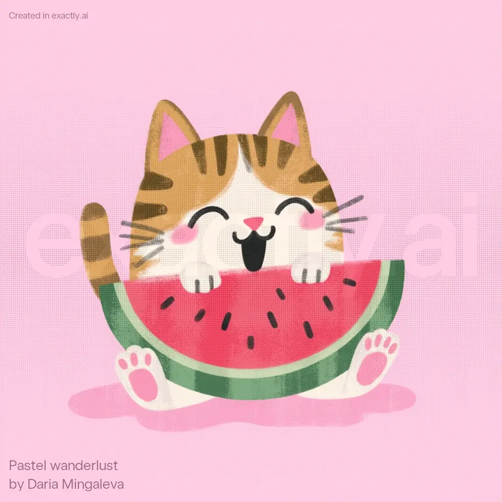 Cat eating watermelon created with Pastel wanderlust by Daria Mingaleva