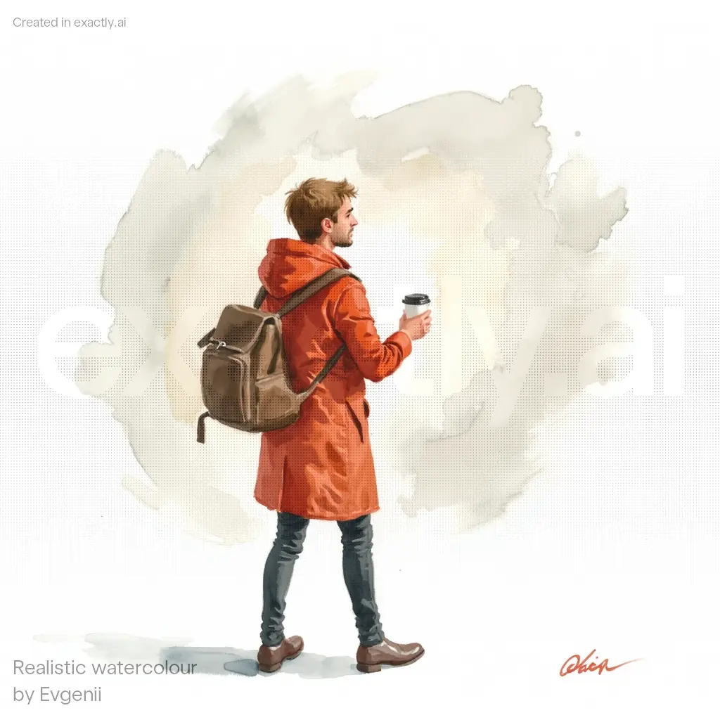Man with coffee and backpack created with Realistic watercolour by Evgenii