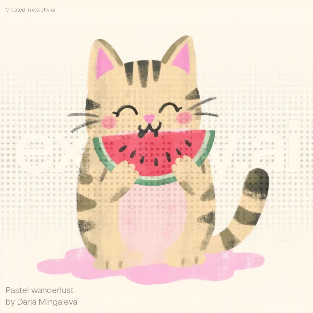 Cat eating watermelon created with Pastel wanderlust by Daria Mingaleva