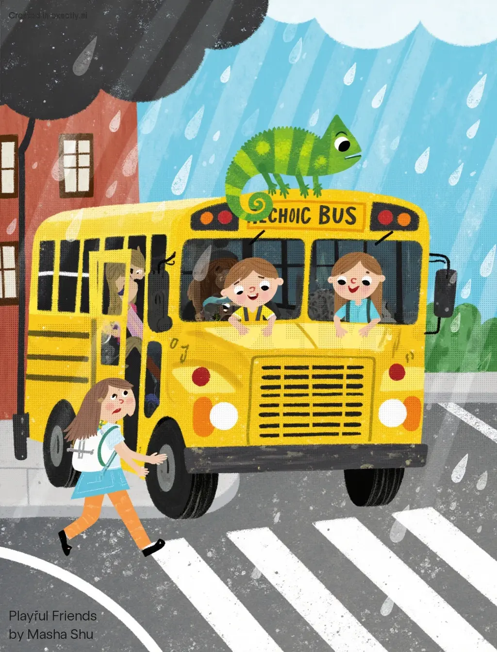 Chameleon on School Bus created with Playful Friends by Masha Shu