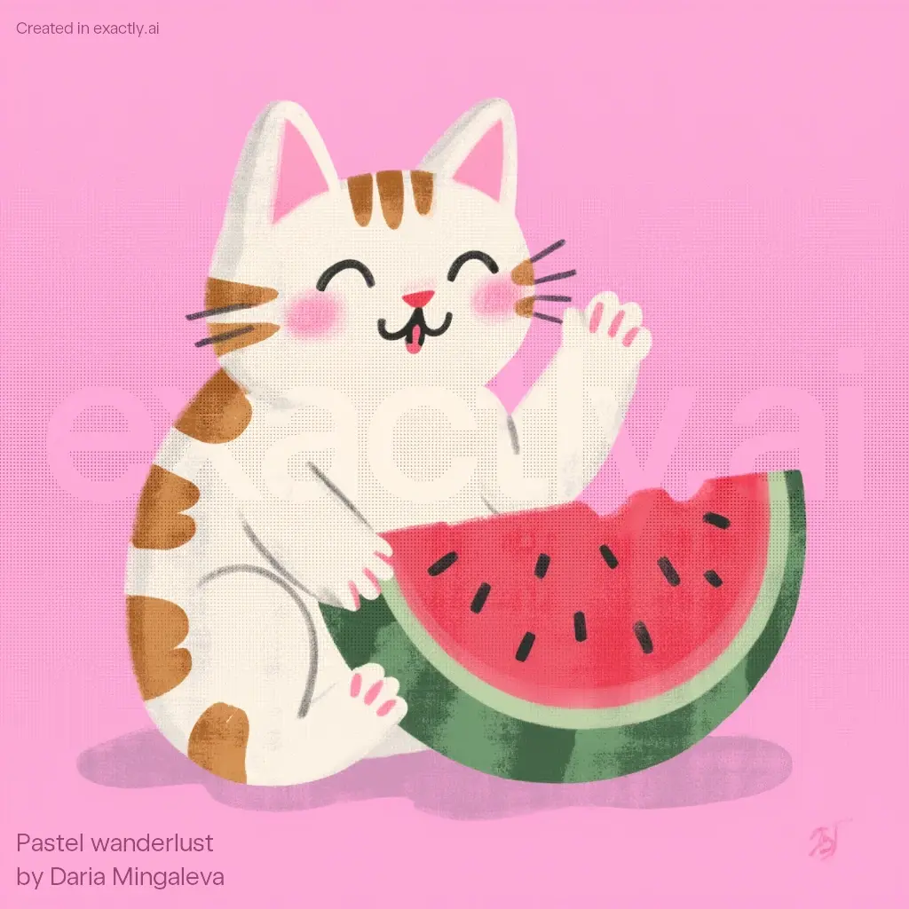 Cat eating watermelon created with Pastel wanderlust by Daria Mingaleva
