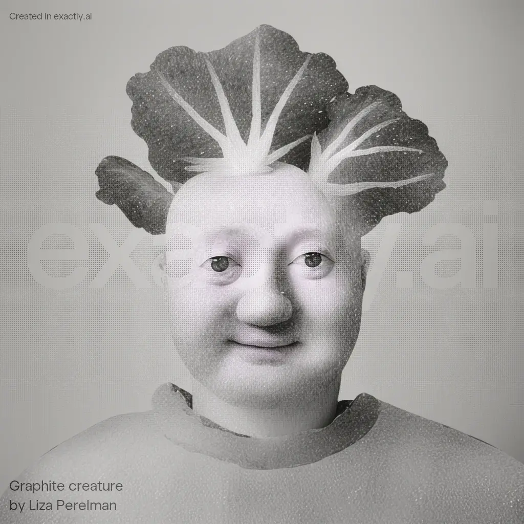 Man with lettuce on his head created with Graphite creature by Liza Perelman