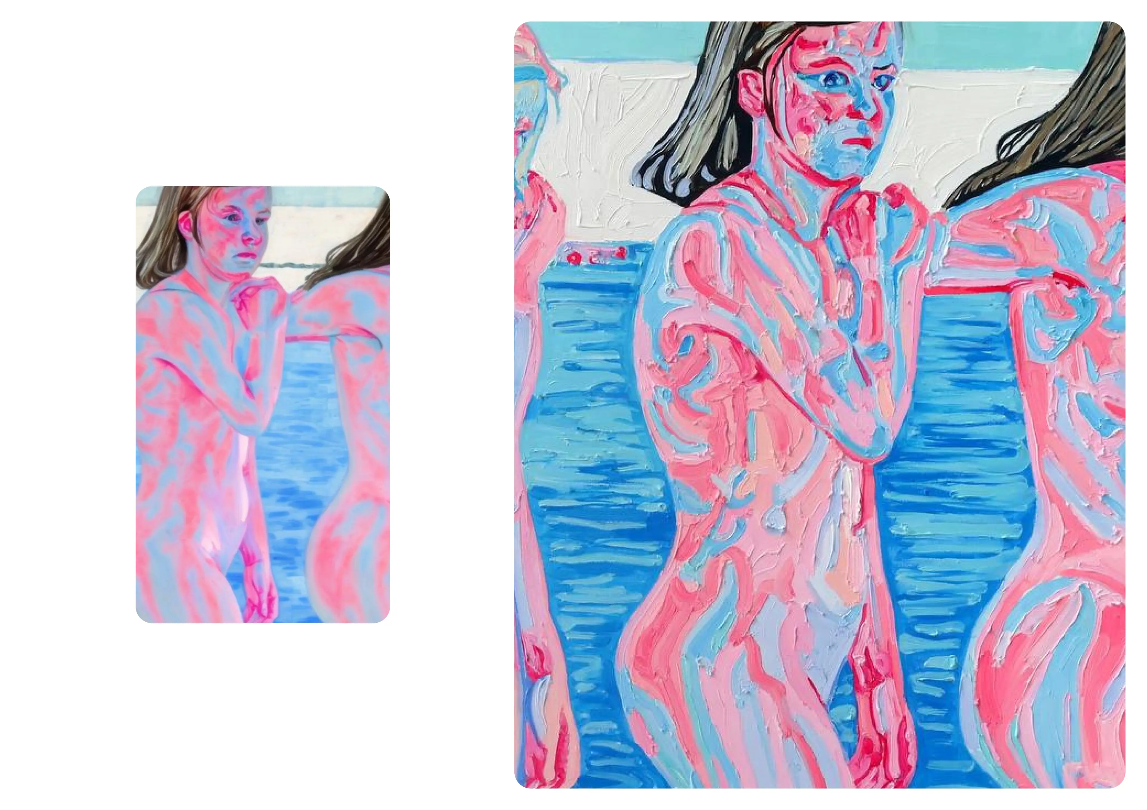 Left: generated using exactly.ai; right: "prompt: a group of teenage girls on the beach" oil on canvas, Katya Scheglova, 2024