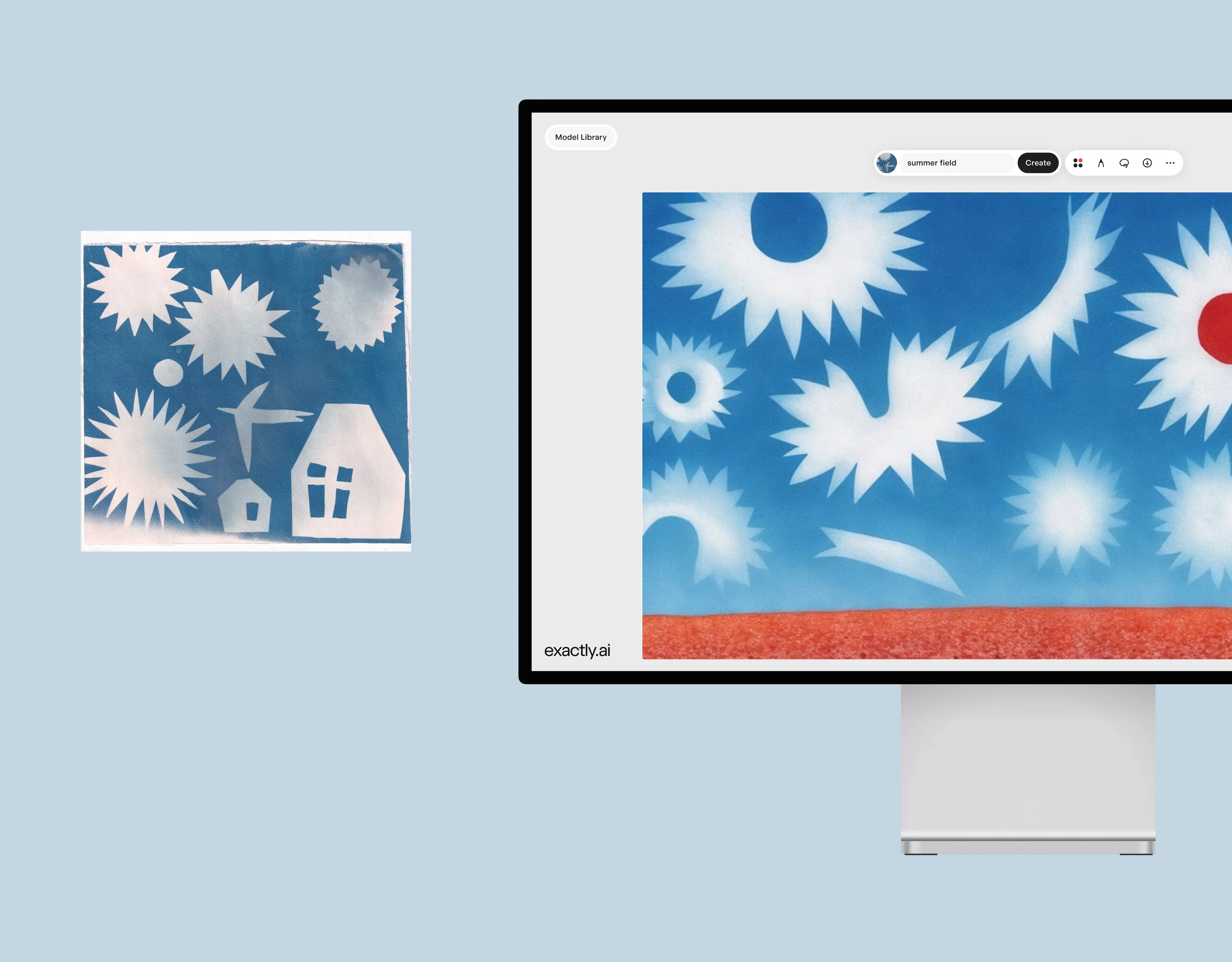 Cyanotype by Maria Bort; image generated based on Maria's artwork in exactly.ai