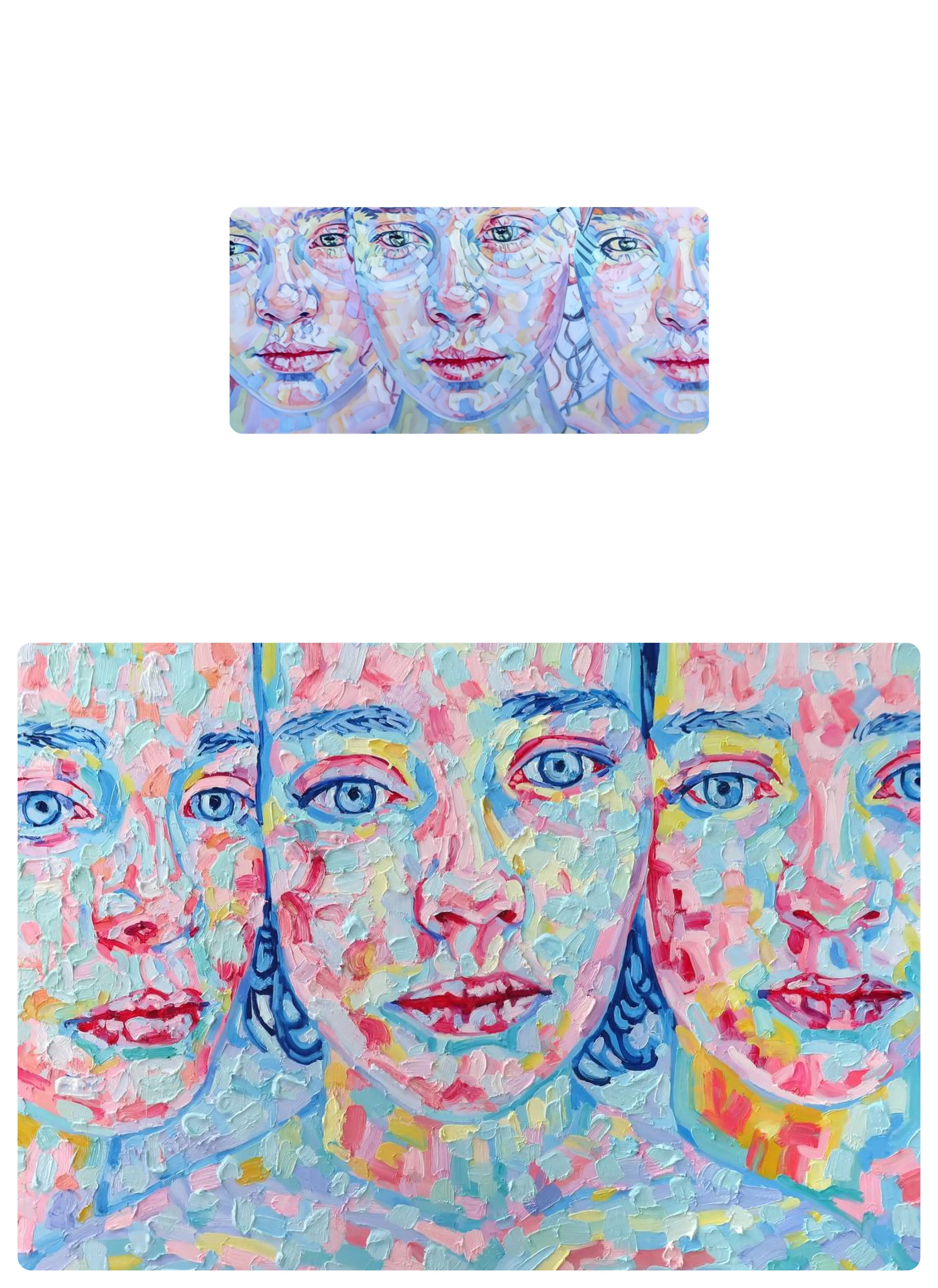 Top: generated using exactly.ai; bottom: "prompt: a group of young women" oil on canvas, Katya Scheglova, 2024